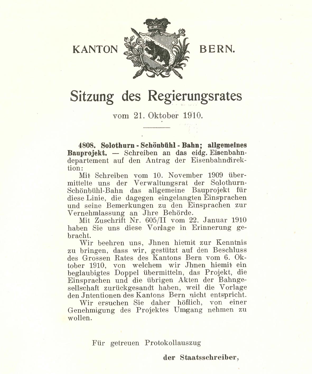 Bried des Regierungsrates an das Eisenbahndepartement 21.10.1910